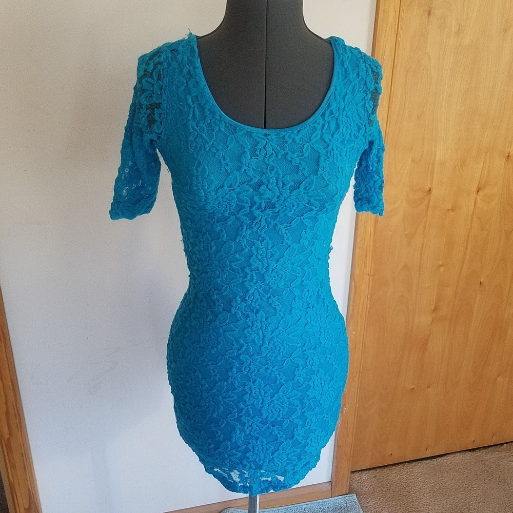 Blue Lace Mini Dress Button Down Back
